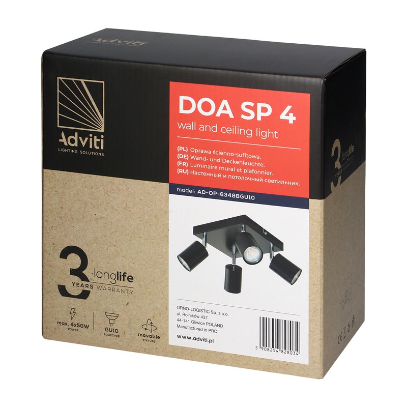 DOA SP4, OPRAWA ŚCIENNO-SUFITOWA, GU10 MAX. 4X50W, IP20, CZARNA, KWADRAT ORNO DOA SP4, OPRAWA ŚCIENNO-SUFITOWA, GU10 MAX. 4X50W, IP20, CZARNA, KWADRAT ORNO