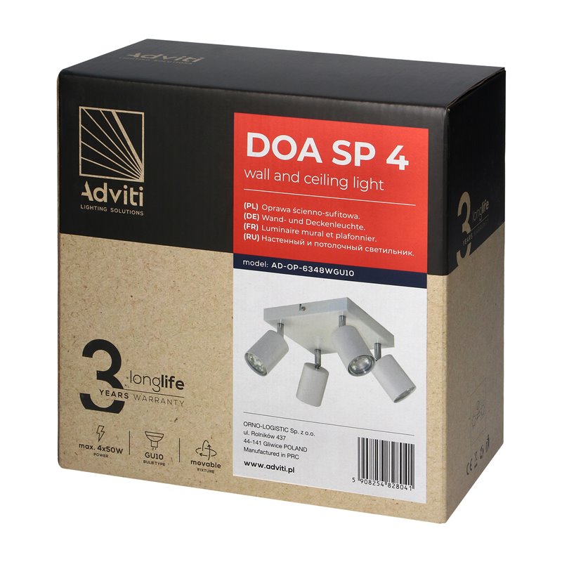 DOA SP4, OPRAWA ŚCIENNO-SUFITOWA, GU10 MAX. 4X50W, IP20, BIAŁA, KWADRAT ORNO DOA SP4, OPRAWA ŚCIENNO-SUFITOWA, GU10 MAX. 4X50W, IP20, BIAŁA, KWADRAT ORNO