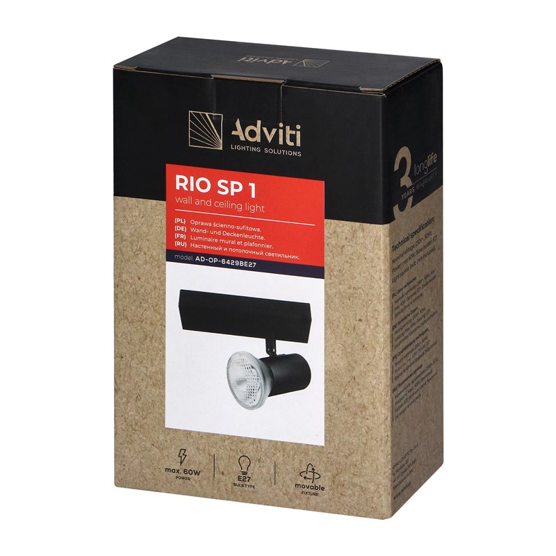 RIO SP 1, OPRAWA ŚCIENNO-SUFITOWA, E27 MAX. 60W, IP20, CZARNA ORNO RIO SP 1, OPRAWA ŚCIENNO-SUFITOWA, E27 MAX. 60W, IP20, CZARNA ORNO