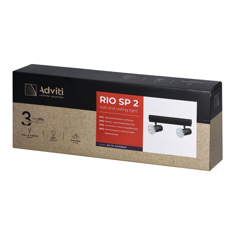 RIO SP 2, OPRAWA ŚCIENNO-SUFITOWA, E27 MAX. 2X60W, IP20, CZARNA ORNO RIO SP 2, OPRAWA ŚCIENNO-SUFITOWA, E27 MAX. 2X60W, IP20, CZARNA ORNO