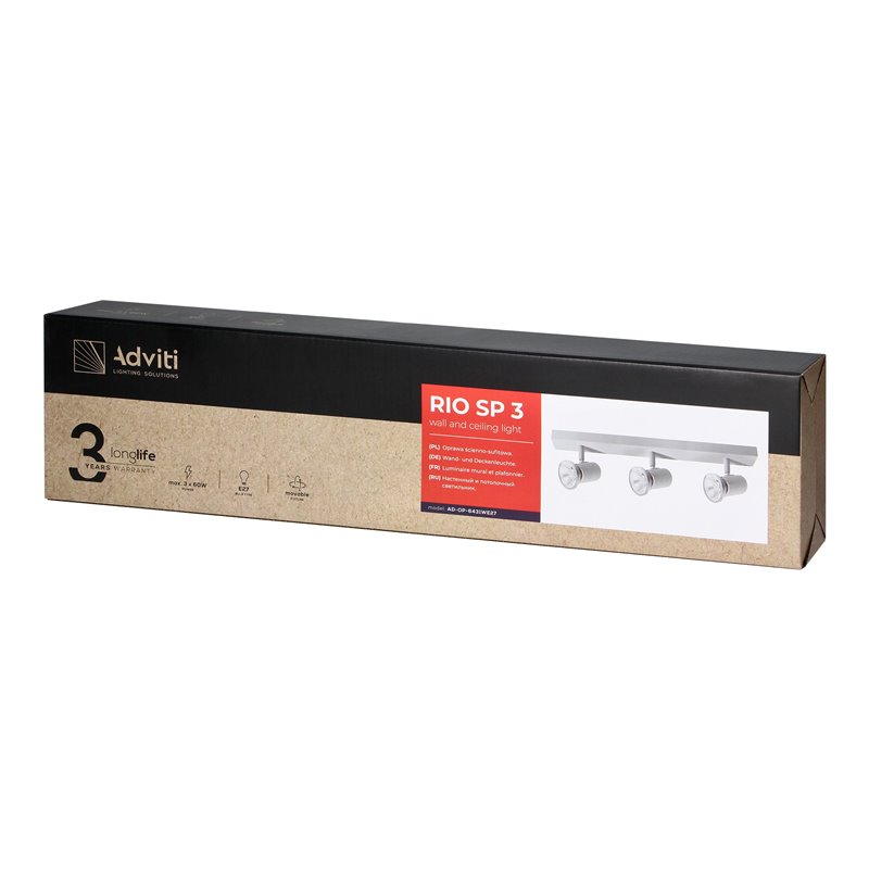 RIO SP 3, OPRAWA ŚCIENNO-SUFITOWA, E27 MAX. 3X60W, IP20, BIAŁA ORNO RIO SP 3, OPRAWA ŚCIENNO-SUFITOWA, E27 MAX. 3X60W, IP20, BIAŁA ORNO