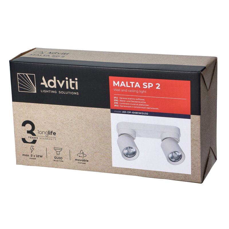MALTA SP 2, OPRAWA ŚCIENNO-SUFITOWA, GU10 MAX. 2X12W, IP20, BIAŁA ORNO MALTA SP 2, OPRAWA ŚCIENNO-SUFITOWA, GU10 MAX. 2X12W, IP20, BIAŁA ORNO