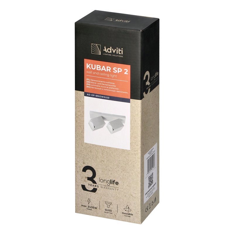 KUBAR SP 2, OPRAWA ŚCIENNO-SUFITOWA, 2XGU10, IP20, BIAŁA ORNO KUBAR SP 2, OPRAWA ŚCIENNO-SUFITOWA, 2XGU10, IP20, BIAŁA ORNO