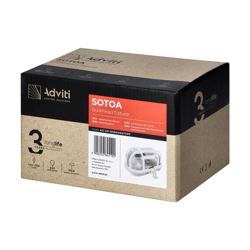 SOTOA, OPRAWA OŚWIETLENIOWA,E27, MAX. 15W, IP54, KLOSZ SZKLANY, OSŁONA PLASTIKOWA, BIAŁA ORNO SOTOA, OPRAWA OŚWIETLENIOWA,E27, MAX. 15W, IP54, KLOSZ SZKLANY, OSŁONA PLASTIKOWA, BIAŁA ORNO