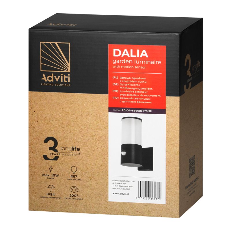 DALIA OPRAWA OGRODOWA Z CZUJNIKIEM RUCHU, E27, MAX. 15W, IP54, CZARNA ORNO DALIA OPRAWA OGRODOWA Z CZUJNIKIEM RUCHU, E27, MAX. 15W, IP54, CZARNA ORNO