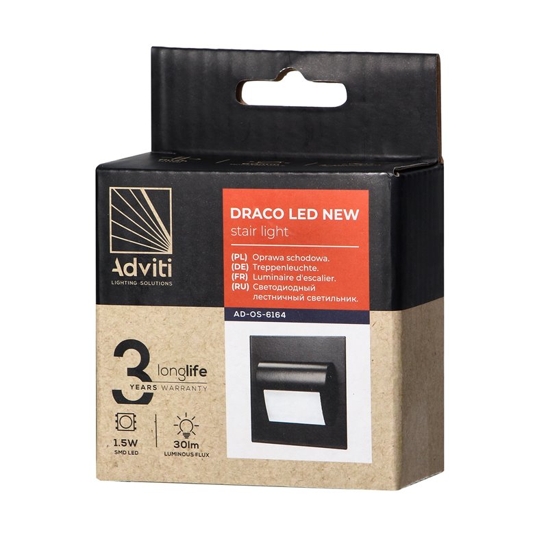 DRACO LED NEW 1,5W, OPRAWA SCHODOWA PODTYNKOWA, 12VDC, 30LM, 6000K, CZARNY, INNOWACYJNY SPOSÓB MONTAŻU ORNO DRACO LED NEW 1,5W, OPRAWA SCHODOWA PODTYNKOWA, 12VDC, 30LM, 6000K, CZARNY, INNOWACYJNY SPOSÓB MONTAŻU ORNO