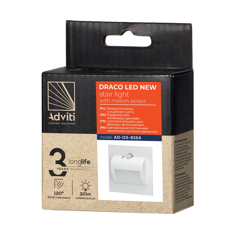 DRACO LED NEW 1,5W, OPRAWA SCHODOWA PODTYNKOWA, 12VDC, 30LM, 4000K, BIAŁA, CZUJNIK RUCHU I ZMIERZCHU ORNO DRACO LED NEW 1,5W, OPRAWA SCHODOWA PODTYNKOWA, 12VDC, 30LM, 4000K, BIAŁA, CZUJNIK RUCHU I ZMIERZCHU ORNO