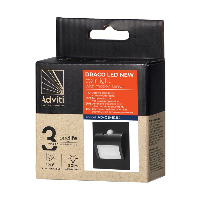 DRACO LED NEW 1,5W, OPRAWA SCHODOWA PODTYNKOWA, 12VDC, 30LM, 6000K, CZARNY, CZUJNIK RUCHU I ZMIERZCHU ORNO DRACO LED NEW 1,5W, OPRAWA SCHODOWA PODTYNKOWA, 12VDC, 30LM, 6000K, CZARNY, CZUJNIK RUCHU I ZMIERZCHU ORNO