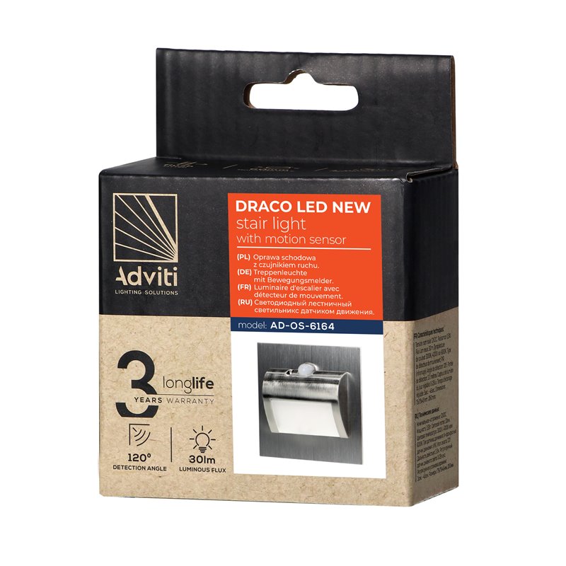 DRACO LED NEW 1,5W, OPRAWA SCHODOWA PODTYNKOWA, 12VDC, 30LM, 6000K, SATYNA, CZUJNIK RUCHU I ZMIERZCHU ORNO DRACO LED NEW 1,5W, OPRAWA SCHODOWA PODTYNKOWA, 12VDC, 30LM, 6000K, SATYNA, CZUJNIK RUCHU I ZMIERZCHU ORNO