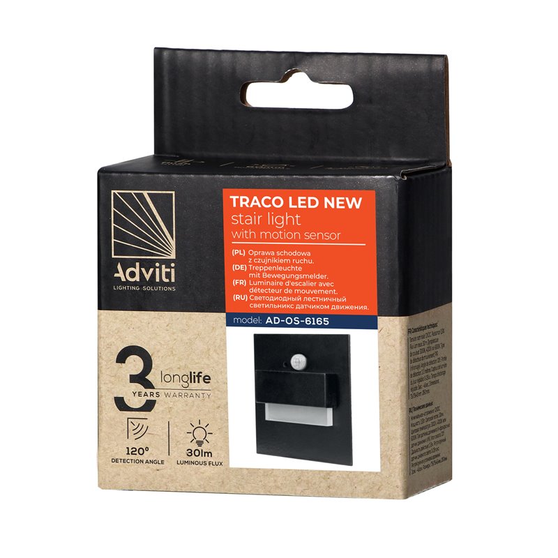 TRACO LED 1,5W, OPRAWA SCHODOWA PODTYNKOWA, 12VDC, 30LM, 3000K, CZARNY, CZUJNIK RUCHU I ZMIERZCHU ORNO TRACO LED 1,5W, OPRAWA SCHODOWA PODTYNKOWA, 12VDC, 30LM, 3000K, CZARNY, CZUJNIK RUCHU I ZMIERZCHU ORNO