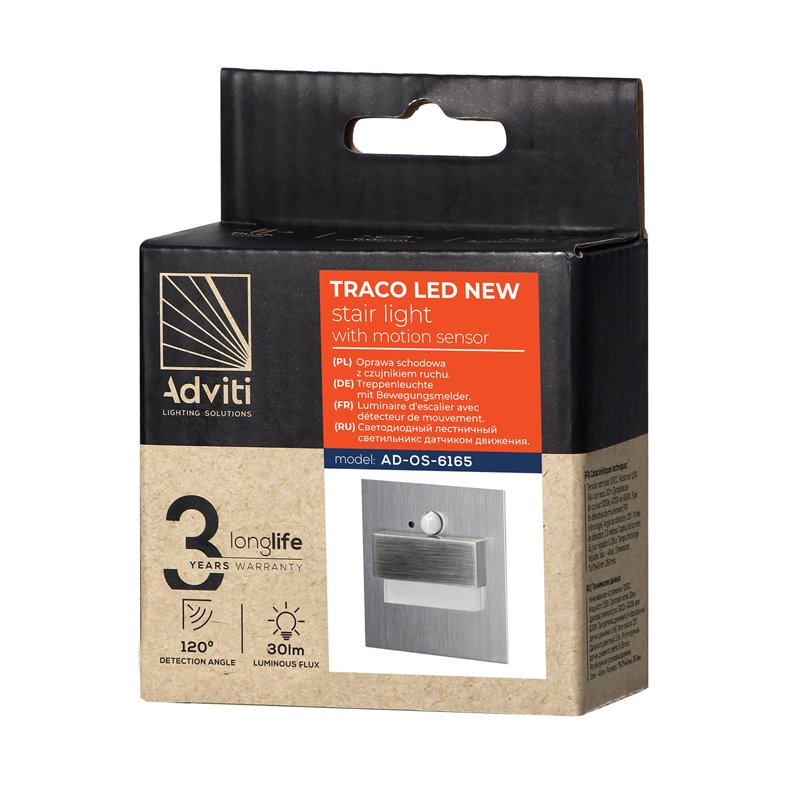 TRACO LED 1,5W, OPRAWA SCHODOWA PODTYNKOWA, 12VDC, 30LM, 3000K, SATYNA, CZUJNIK RUCHU I ZMIERZCHU ORNO TRACO LED 1,5W, OPRAWA SCHODOWA PODTYNKOWA, 12VDC, 30LM, 3000K, SATYNA, CZUJNIK RUCHU I ZMIERZCHU ORNO