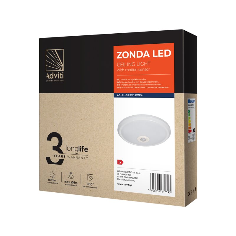 ZONDA LED 12W, PLAFON Z CZUJNIKIEM RUCHU, 800LM, IP20, 4000K, POLIWĘGLAN MLECZNY, BIAŁY ORNO ZONDA LED 12W, PLAFON Z CZUJNIKIEM RUCHU, 800LM, IP20, 4000K, POLIWĘGLAN MLECZNY, BIAŁY ORNO