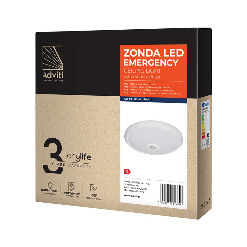 ZONDA LED EMERGENCY 12W/1,2W, PLAFON Z CZUJNIKIEM RUCHU, 800LM/80LM, IP20, 4000K, POLIWĘGLAN MLECZNY, BIAŁY ORNO ZONDA LED EMERGENCY 12W/1,2W, PLAFON Z CZUJNIKIEM RUCHU, 800LM/80LM, IP20, 4000K, POLIWĘGLAN MLECZNY, BIAŁY ORNO