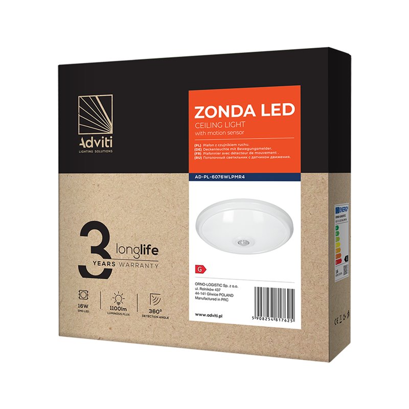ZONDA LED 16W, PLAFON Z CZUJNIKIEM RUCHU, 1100LM, IP20, 4000K, POLIWĘGLAN MLECZNY, BIAŁY ORNO ZONDA LED 16W, PLAFON Z CZUJNIKIEM RUCHU, 1100LM, IP20, 4000K, POLIWĘGLAN MLECZNY, BIAŁY ORNO