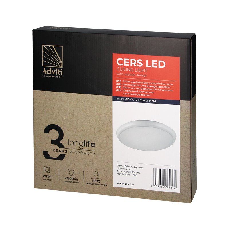 CERS LED PLAFON Z MIKROFALOWYM CZUJNIKIEM RUCHU, LED 22W, 2000LM, IP65, 4000K, POLIWĘGLAN MLECZNY BIAŁY, FUNKCJA PRZYCIEMNIENIA CERS LED PLAFON Z MIKROFALOWYM CZUJNIKIEM RUCHU, LED 22W, 2000LM, IP65, 4000K, POLIWĘGLAN MLECZNY BIAŁY, FUNKCJA PRZYCIEMNIENIA
