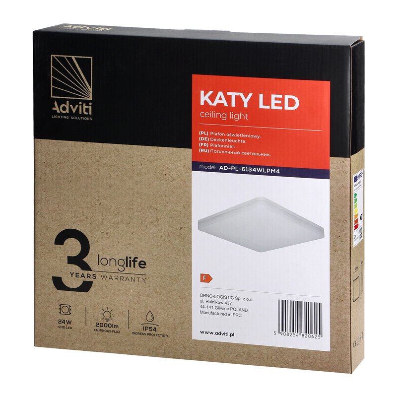 KATY LED 24W PLAFONIERA OŚWIETLENIOWA, 2000LM, IP54, IK10, 4000K, PC ORNO KATY LED 24W PLAFONIERA OŚWIETLENIOWA, 2000LM, IP54, IK10, 4000K, PC ORNO