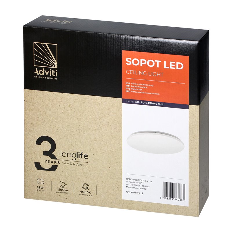 SOPOT LED 12W, PLAFON OŚWIETLENIOWY, 1190LM, IP20, 4000K, KLOSZ PVC ORNO SOPOT LED 12W, PLAFON OŚWIETLENIOWY, 1190LM, IP20, 4000K, KLOSZ PVC ORNO