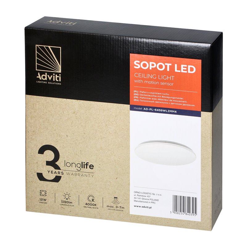 SOPOT LED 12W, PLAFON Z MIKROFALOWYM CZUJNIKIEM RUCHU, 1190LM, IP20, 4000K, KLOSZ PVC ORNO SOPOT LED 12W, PLAFON Z MIKROFALOWYM CZUJNIKIEM RUCHU, 1190LM, IP20, 4000K, KLOSZ PVC ORNO