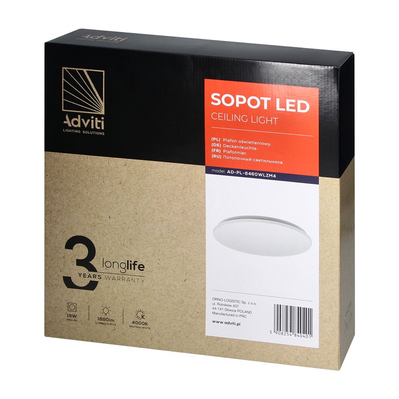 SOPOT LED 18W, PLAFON OŚWIETLENIOWY, 1880LM, IP20, 4000K, KLOSZ PVC ORNO SOPOT LED 18W, PLAFON OŚWIETLENIOWY, 1880LM, IP20, 4000K, KLOSZ PVC ORNO