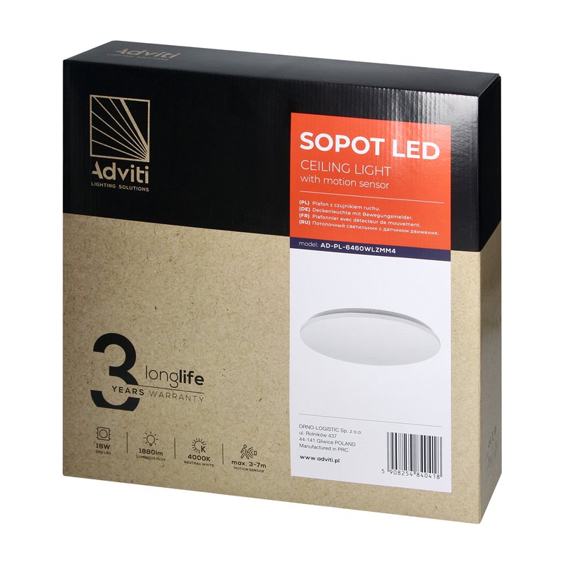 SOPOT LED 18W, PLAFON Z MIKROFALOWYM CZUJNIKIEM RUCHU, 1880LM, IP20, 4000K, KLOSZ PVC ORNO SOPOT LED 18W, PLAFON Z MIKROFALOWYM CZUJNIKIEM RUCHU, 1880LM, IP20, 4000K, KLOSZ PVC ORNO