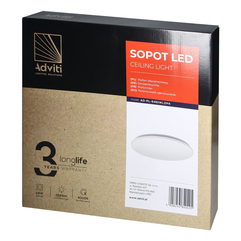 SOPOT LED 24W, PLAFON OŚWIETLENIOWY, 2565LM, IP20, 4000K, KLOSZ PVC ORNO SOPOT LED 24W, PLAFON OŚWIETLENIOWY, 2565LM, IP20, 4000K, KLOSZ PVC ORNO