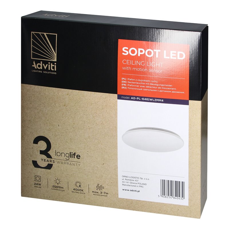 SOPOT LED 24W, PLAFON Z MIKROFALOWYM CZUJNIKIEM RUCHU, 2565LM, IP20, 4000K, KLOSZ PVC ORNO SOPOT LED 24W, PLAFON Z MIKROFALOWYM CZUJNIKIEM RUCHU, 2565LM, IP20, 4000K, KLOSZ PVC ORNO