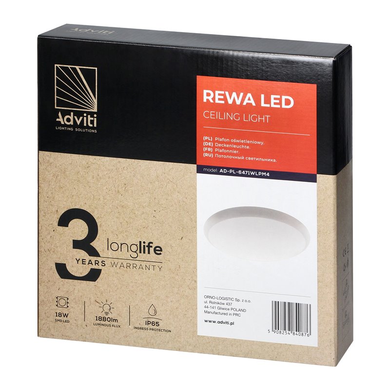REWA LED 18W, PLAFON OŚWIETLENIOWY, 1880LM, IP65, 4000K, KLOSZ PC ORNO REWA LED 18W, PLAFON OŚWIETLENIOWY, 1880LM, IP65, 4000K, KLOSZ PC ORNO