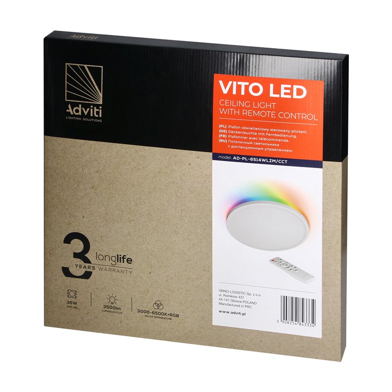 VITO LED 36W, PLAFON OŚWIETLENIOWY, 3500LM, IP20, 3000/4000/6500K + RGB, PILOT ORNO VITO LED 36W, PLAFON OŚWIETLENIOWY, 3500LM, IP20, 3000/4000/6500K + RGB, PILOT ORNO