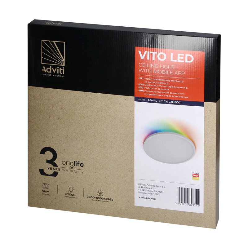 VITO LED 36W, PLAFON OŚWIETLENIOWY, 3500LM, IP20, 3000/4000/6500K + RGB, TUYA ORNO VITO LED 36W, PLAFON OŚWIETLENIOWY, 3500LM, IP20, 3000/4000/6500K + RGB, TUYA ORNO