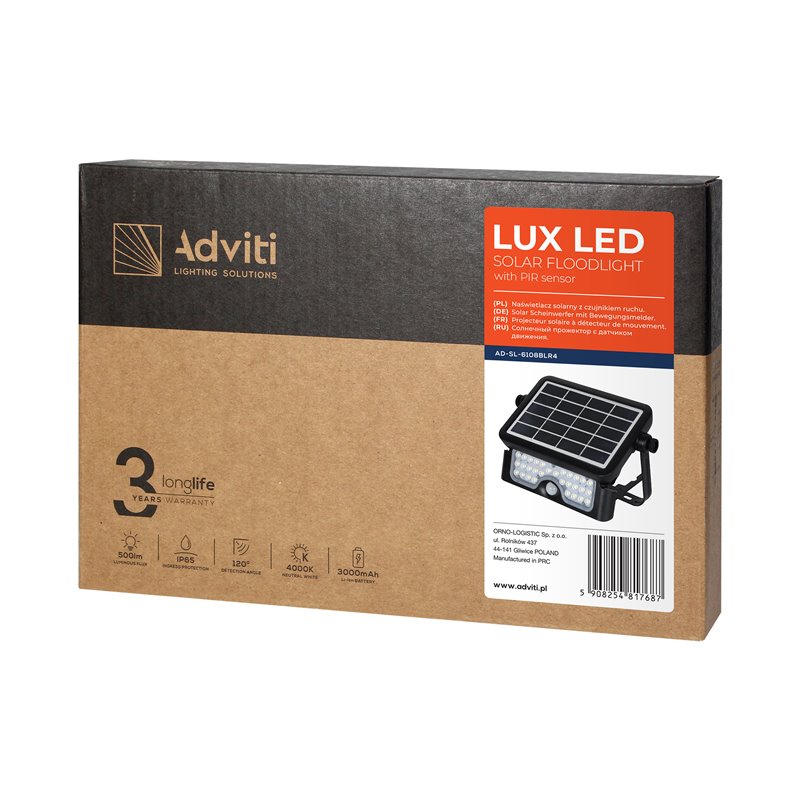 LUX LED 5W, NAŚWIETLACZ SOLARNY Z CZUJNIKIEM RUCHU 500LM, IP65, 4000K, 2X1500MAH, CZARNY ORNO LUX LED 5W, NAŚWIETLACZ SOLARNY Z CZUJNIKIEM RUCHU 500LM, IP65, 4000K, 2X1500MAH, CZARNY ORNO