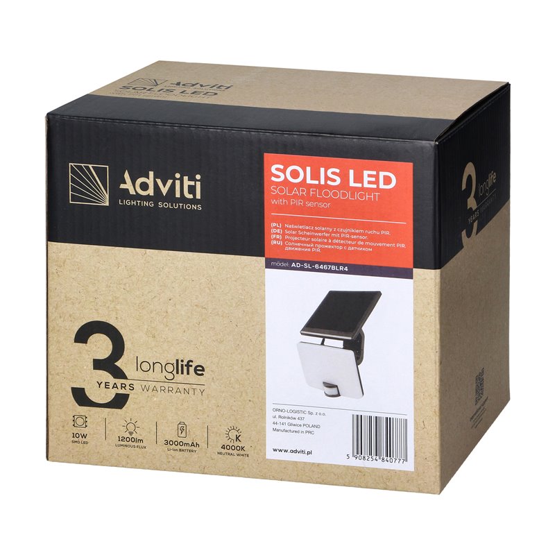 SOLIS LED 10W, NAŚWIETLACZ SOLARNY Z CZUJNIKIEM RUCHU PIR, 1200LM, IP54, 4000K, 3000 MAH, CZARNY ORNO SOLIS LED 10W, NAŚWIETLACZ SOLARNY Z CZUJNIKIEM RUCHU PIR, 1200LM, IP54, 4000K, 3000 MAH, CZARNY ORNO