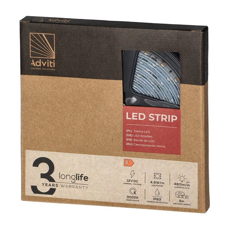TAŚMA LED 12V, 2835, 60L/M, 430LM/M, 4,8W/M, IP63, 3000K, 5M ORNO TAŚMA LED 12V, 2835, 60L/M, 430LM/M, 4,8W/M, IP63, 3000K, 5M ORNO