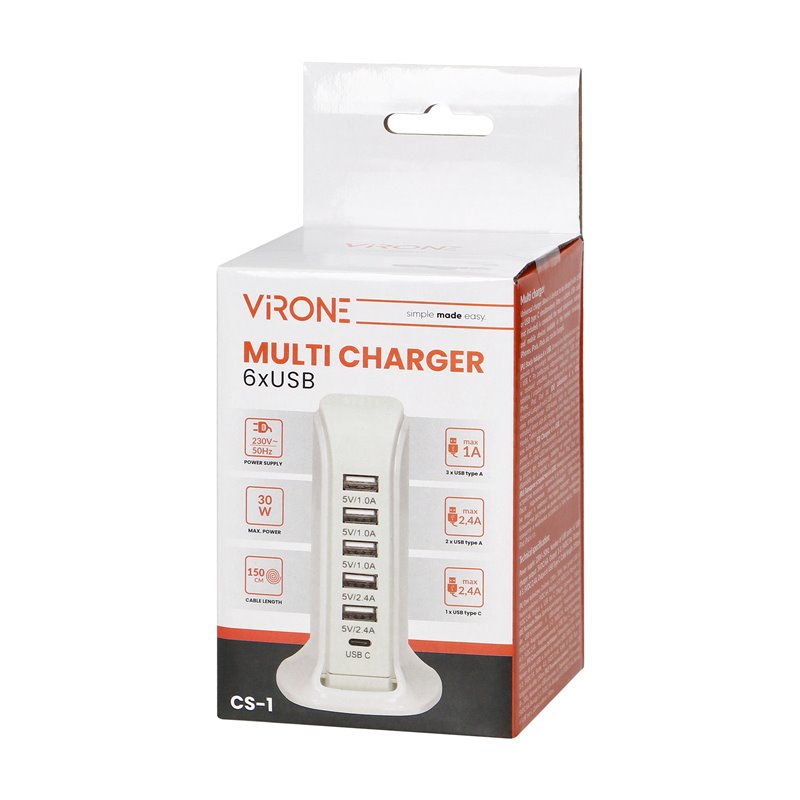 STACJA ŁADUJĄCA 5 X USB A, 1 X USB C 5V DC / 6A ORNO STACJA ŁADUJĄCA 5 X USB A, 1 X USB C 5V DC / 6A ORNO