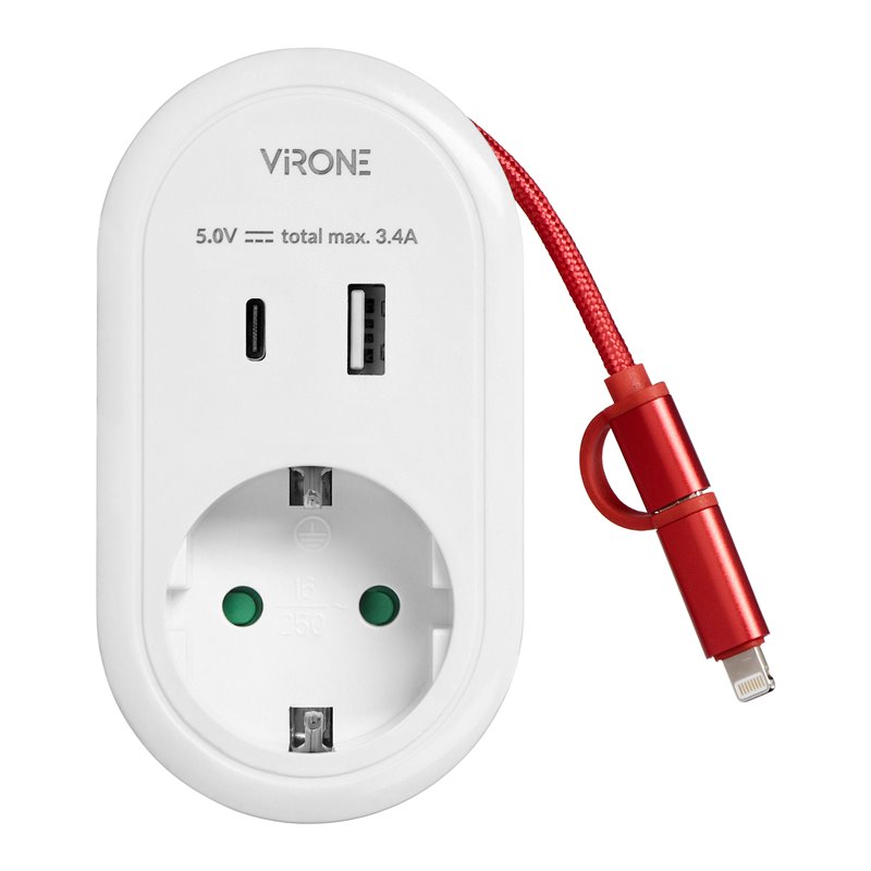 ADAPTER Z ŁADOWARKĄ USB I KABLEM ŁADUJĄCYM (TYP C + LIGHTNING), 1X2P+Z SCHUKO, 2XUSB (TYP A+C), MAX 3,4A ORNO ADAPTER Z ŁADOWARKĄ USB I KABLEM ŁADUJĄCYM (TYP C + LIGHTNING), 1X2P+Z SCHUKO, 2XUSB (TYP A+C), MAX 3,4A ORNO