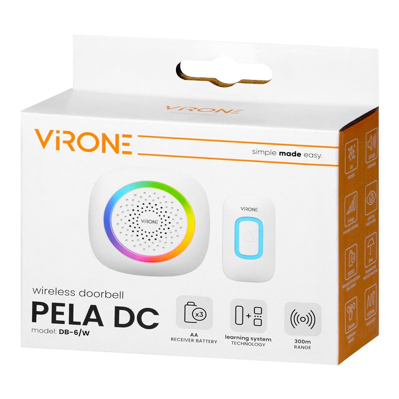PELA DC, DZWONEK BEZPRZEWODOWY BATERYJNY, LEARNING SYSTEM, 60 DŹWIĘKÓW, LED RGB, 300M, BIAŁY ORNO PELA DC, DZWONEK BEZPRZEWODOWY BATERYJNY, LEARNING SYSTEM, 60 DŹWIĘKÓW, LED RGB, 300M, BIAŁY ORNO