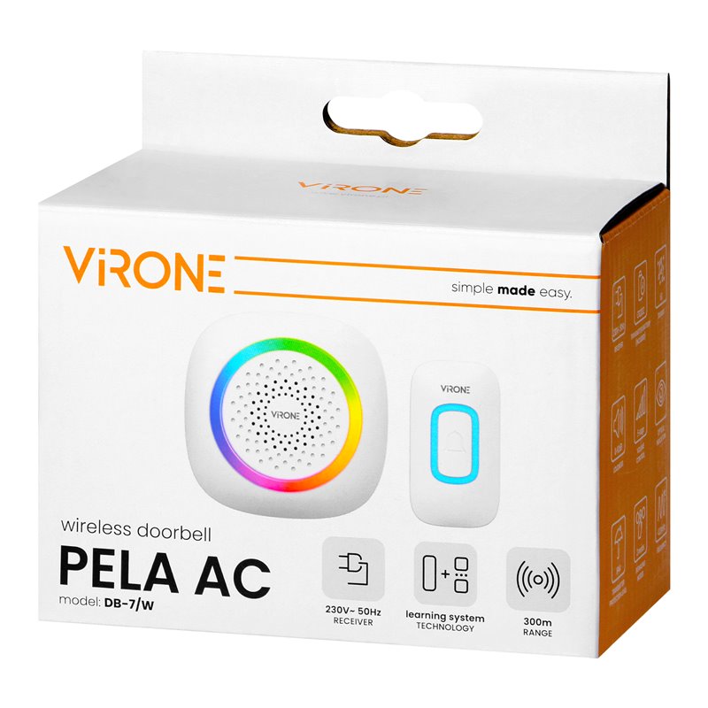PELA AC, DZWONEK BEZPRZEWODOWY SIECIOWY, LEARNING SYSTEM, 60 DŹWIĘKÓW, LED RGB, 300M, BIAŁY ORNO PELA AC, DZWONEK BEZPRZEWODOWY SIECIOWY, LEARNING SYSTEM, 60 DŹWIĘKÓW, LED RGB, 300M, BIAŁY ORNO