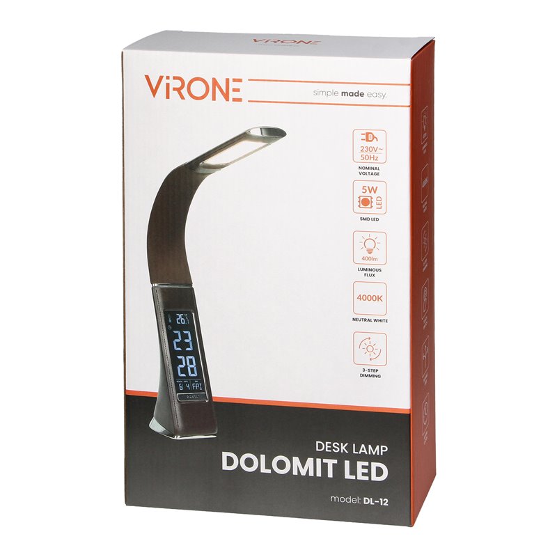 DOLOMIT LED 5W, LAMPKA BIURKOWA Z BUDZIKIEM, 300LM, 4000K, BRĄZOWA ORNO DOLOMIT LED 5W, LAMPKA BIURKOWA Z BUDZIKIEM, 300LM, 4000K, BRĄZOWA ORNO