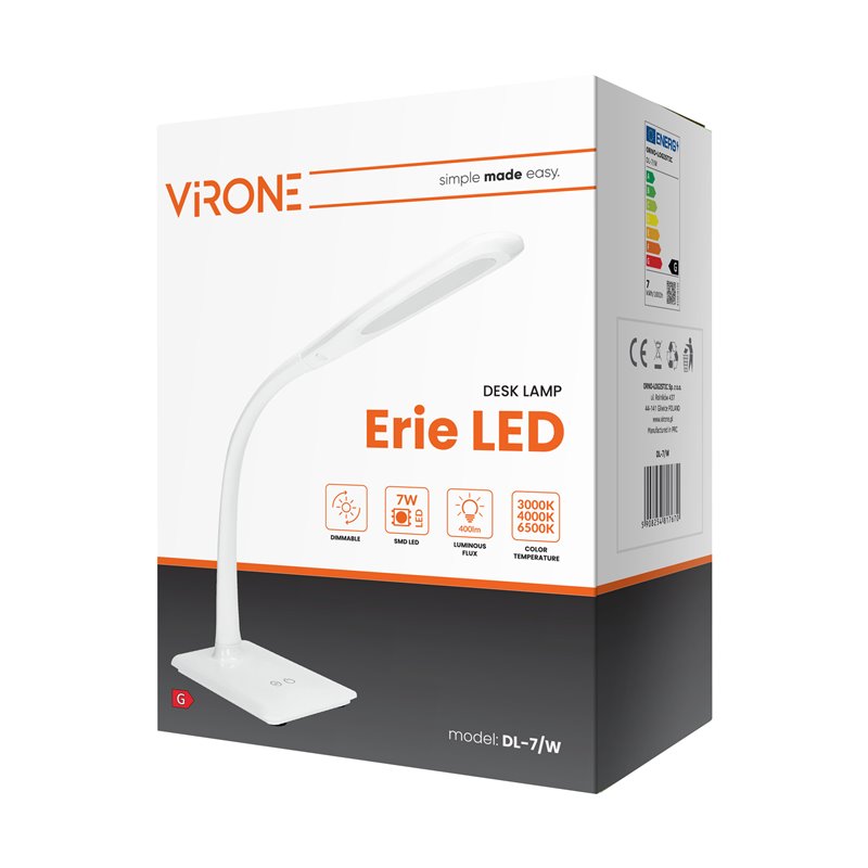 ERIE LED DIM 7W, LAMPKA BIURKOWA, 400LM, BIAŁA, FUNKCJA ŚCIEMNIANIA I ZMIANY TEMPERATURY BARWOWEJ 3000K-4000K-6000K ORNO ERIE LED DIM 7W, LAMPKA BIURKOWA, 400LM, BIAŁA, FUNKCJA ŚCIEMNIANIA I ZMIANY TEMPERATURY BARWOWEJ 3000K-4000K-6000K ORNO