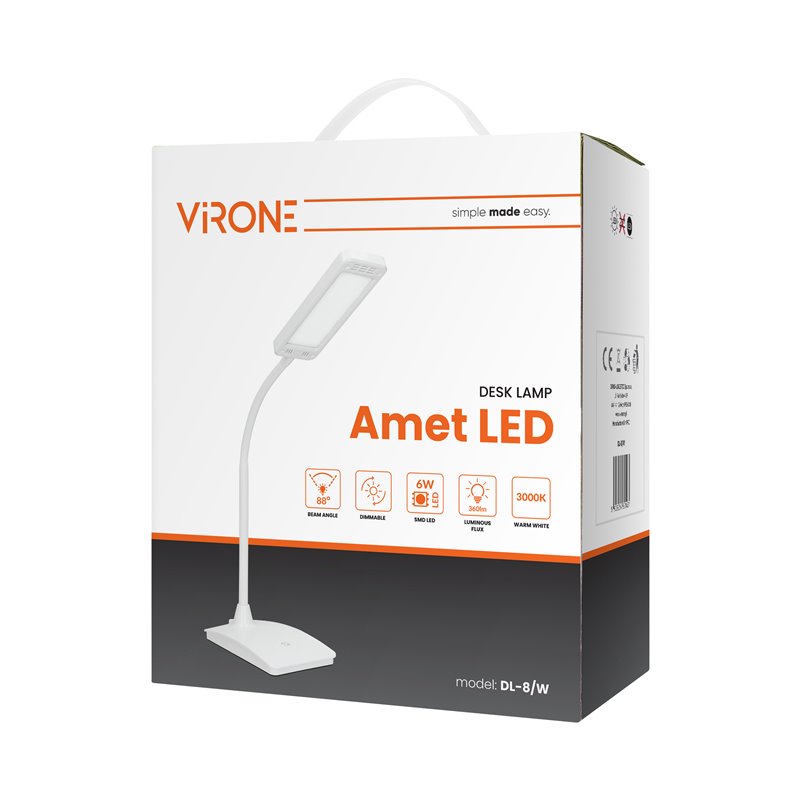 AMET LED DIM 6W, LAMPKA BIURKOWA, 360LM, 3000K, BIAŁA, FUNKCJA ŚCIEMNIANIA ORNO AMET LED DIM 6W, LAMPKA BIURKOWA, 360LM, 3000K, BIAŁA, FUNKCJA ŚCIEMNIANIA ORNO