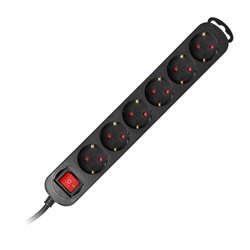 PRZEDŁUŻACZ 6-KROTNY 2P+Z(SCHUKO), Z WYŁĄCZNIKIEM, 1,5M H05VV-F 3X1,0MM2, IMAX10A, PŁASKA WTYCZKA, CZARNY ORNO PRZEDŁUŻACZ 6-KROTNY 2P+Z(SCHUKO), Z WYŁĄCZNIKIEM, 1,5M H05VV-F 3X1,0MM2, IMAX10A, PŁASKA WTYCZKA, CZARNY ORNO