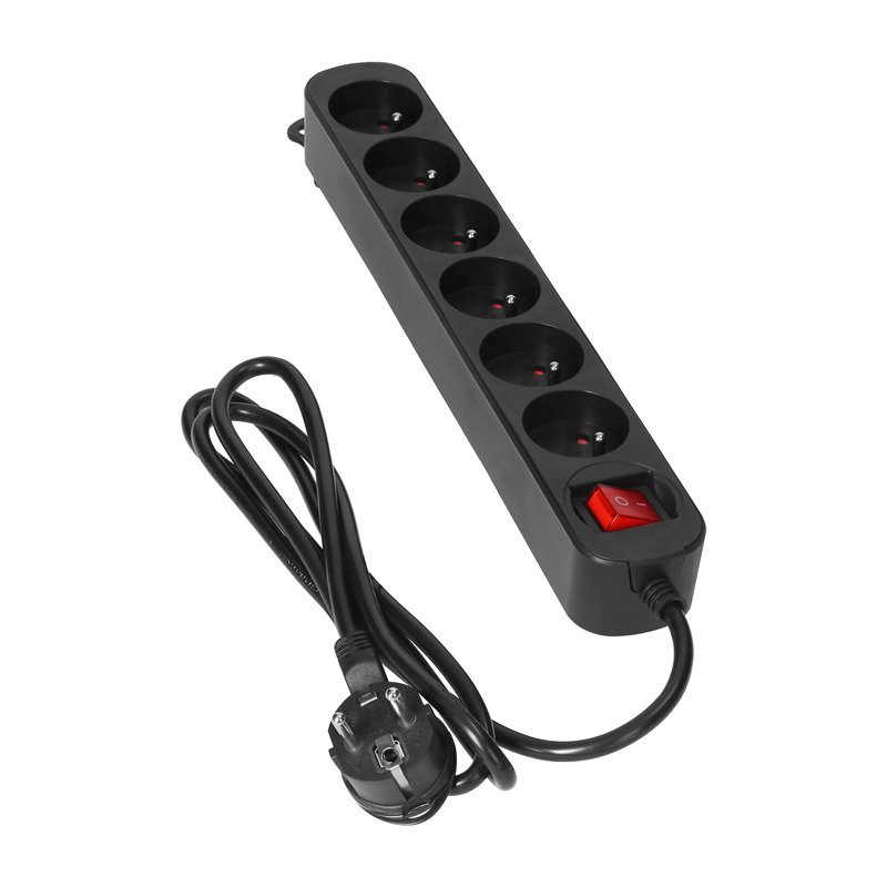 PRZEDŁUŻACZ 6-KROTNY 2P+Z, Z WYŁĄCZNIKIEM, 1,5M H05VV-F 3X1,0MM2, IMAX10A, PŁASKA WTYCZKA, CZARNY ORNO PRZEDŁUŻACZ 6-KROTNY 2P+Z, Z WYŁĄCZNIKIEM, 1,5M H05VV-F 3X1,0MM2, IMAX10A, PŁASKA WTYCZKA, CZARNY ORNO