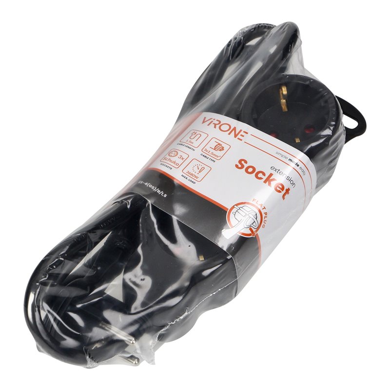 PRZEDŁUŻACZ 3-KROTNY 2P+Z (SCHUKO), 1,5M H05VV-F 3X1,5MM2 , IMAX16A, PŁASKA WTYCZKA, CZARNY ORNO PRZEDŁUŻACZ 3-KROTNY 2P+Z (SCHUKO), 1,5M H05VV-F 3X1,5MM2 , IMAX16A, PŁASKA WTYCZKA, CZARNY ORNO