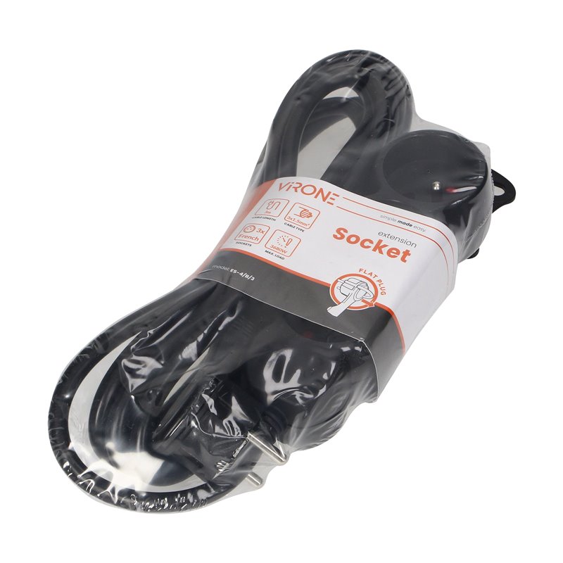 PRZEDŁUŻACZ 3-KROTNY 2P+Z, 3M H05VV-F 3X1,5MM2, IMAX16A, PŁASKA WTYCZKA, CZARNY ORNO PRZEDŁUŻACZ 3-KROTNY 2P+Z, 3M H05VV-F 3X1,5MM2, IMAX16A, PŁASKA WTYCZKA, CZARNY ORNO
