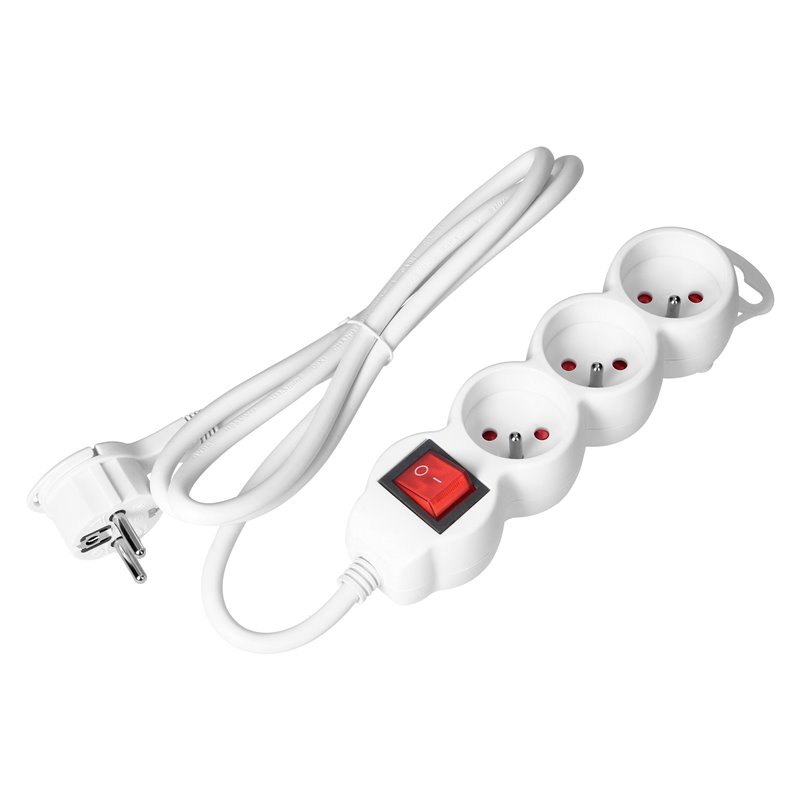 PRZEDŁUŻACZ 3-KROTNY 2P+Z (SCHUKO), Z WYŁĄCZNIKIEM, 3M H05VV-F 3X1,5MM2, IMAX16A, PŁASKA WTYCZKA, BIAŁY ORNO