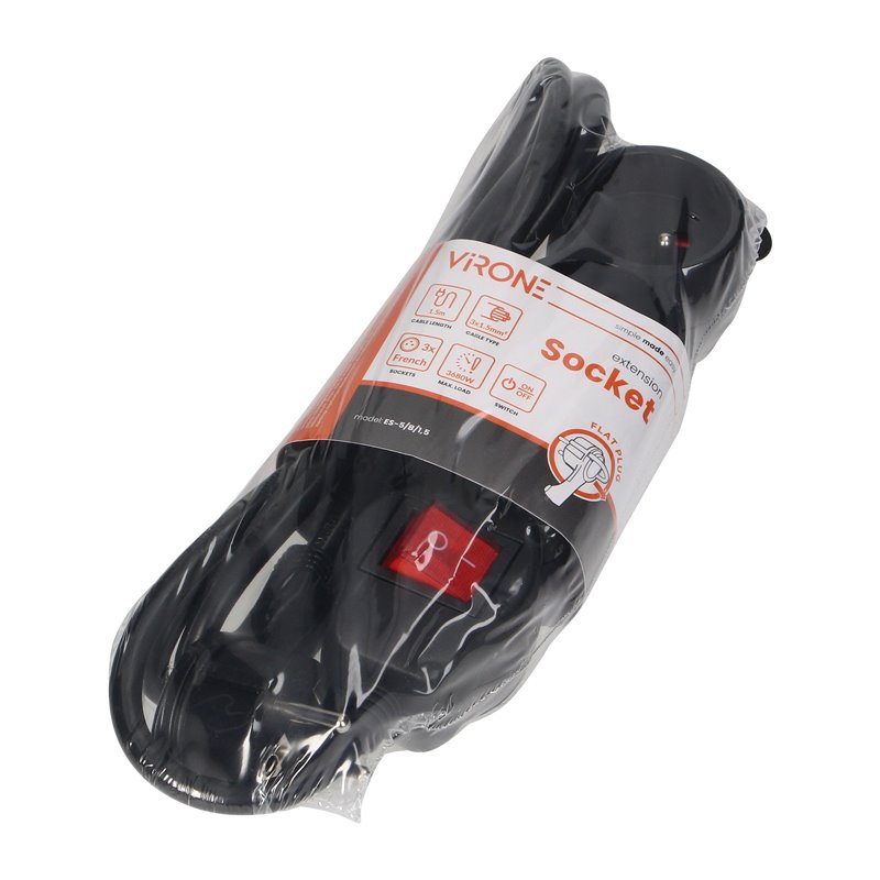 PRZEDŁUŻACZ 3-KROTNY 2P+Z Z WYŁĄCZNIKIEM, 1,5M H05VV-F 3X1,5MM2, IMAX16A, PŁASKA WTYCZKA, CZARNY ORNO PRZEDŁUŻACZ 3-KROTNY 2P+Z Z WYŁĄCZNIKIEM, 1,5M H05VV-F 3X1,5MM2, IMAX16A, PŁASKA WTYCZKA, CZARNY ORNO