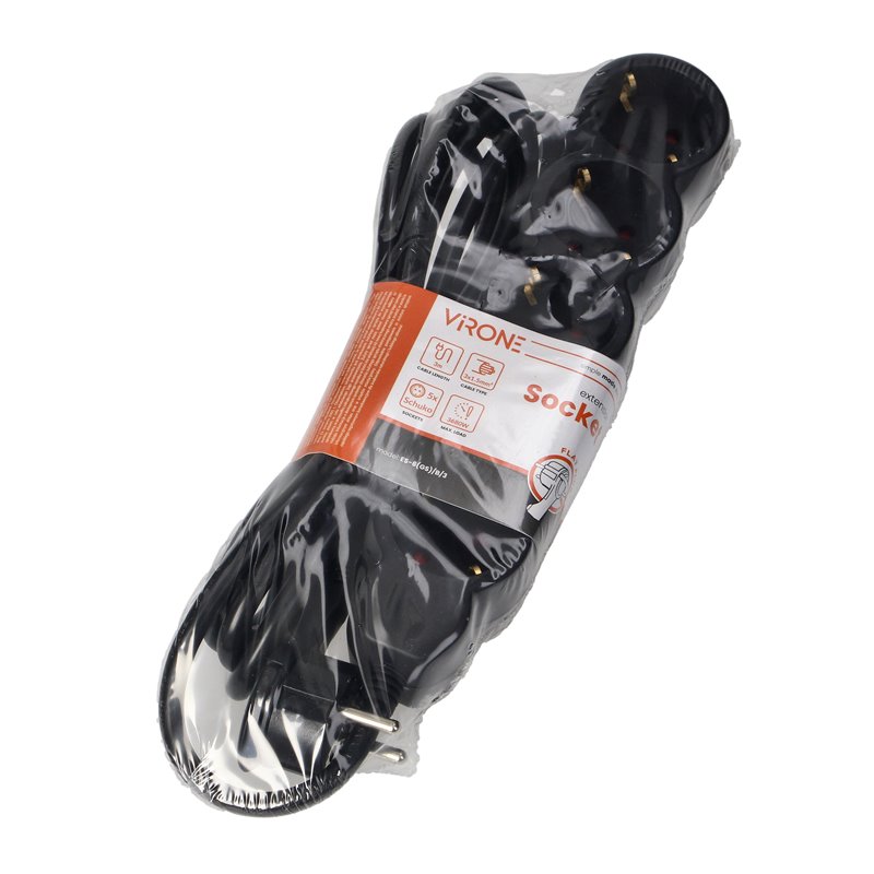 PRZEDŁUŻACZ 5-KROTNY 2P+Z (SCHUKO), 3M H05VV-F 3X1,5MM2, IMAX16A, PŁASKA WTYCZKA, CZARNY ORNO PRZEDŁUŻACZ 5-KROTNY 2P+Z (SCHUKO), 3M H05VV-F 3X1,5MM2, IMAX16A, PŁASKA WTYCZKA, CZARNY ORNO