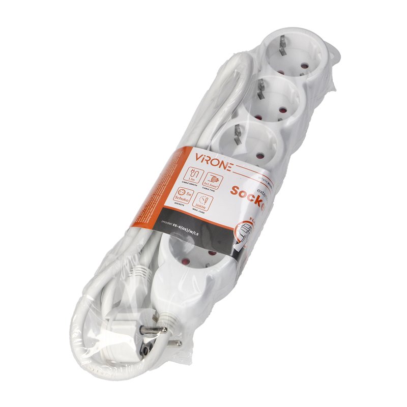 PRZEDŁUŻACZ 5-KROTNY 2P+Z (SCHUKO), 1,5M H05VV-F 3X1,5MM2, IMAX16A, PŁASKA WTYCZKA, BIAŁY ORNO PRZEDŁUŻACZ 5-KROTNY 2P+Z (SCHUKO), 1,5M H05VV-F 3X1,5MM2, IMAX16A, PŁASKA WTYCZKA, BIAŁY ORNO