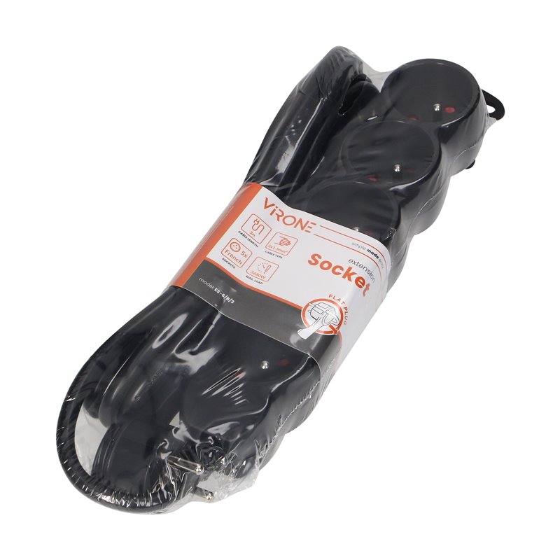 PRZEDŁUŻACZ 5-KROTNY 2P+Z, 3M H05VV-F 3X1,5MM2, IMAX16A, PŁASKA WTYCZKA, CZARNY ORNO PRZEDŁUŻACZ 5-KROTNY 2P+Z, 3M H05VV-F 3X1,5MM2, IMAX16A, PŁASKA WTYCZKA, CZARNY ORNO