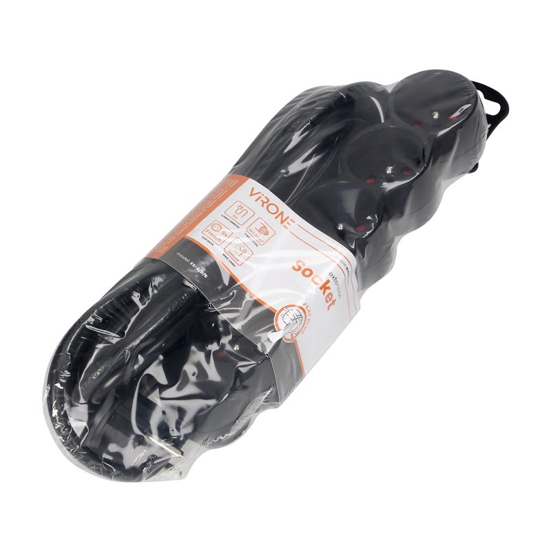 PRZEDŁUŻACZ 5-KROTNY 2P+Z, 5M H05VV-F 3X1,5MM2, IMAX16A, PŁASKA WTYCZKA, CZARNY ORNO PRZEDŁUŻACZ 5-KROTNY 2P+Z, 5M H05VV-F 3X1,5MM2, IMAX16A, PŁASKA WTYCZKA, CZARNY ORNO