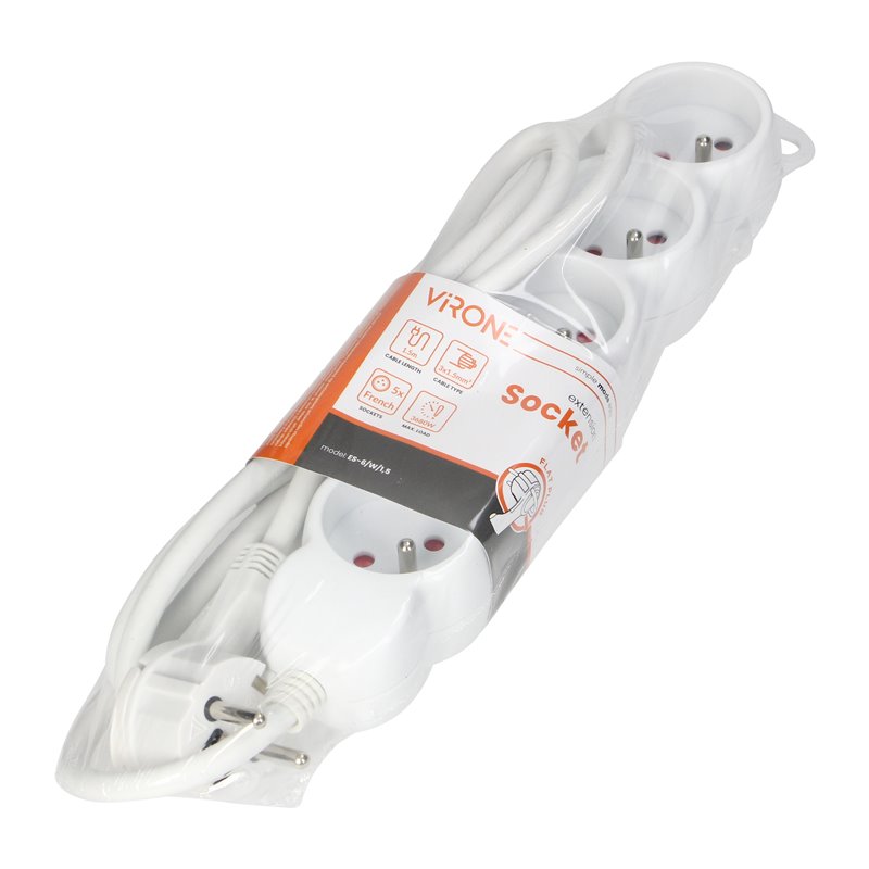 PRZEDŁUŻACZ 5-KROTNY 2P+Z, 1,5M H05VV-F 3X1,5MM2 , IMAX16A, PŁASKA WTYCZKA, BIAŁY ORNO PRZEDŁUŻACZ 5-KROTNY 2P+Z, 1,5M H05VV-F 3X1,5MM2 , IMAX16A, PŁASKA WTYCZKA, BIAŁY ORNO